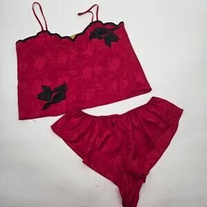 Vintage Gold Tag Victorias Secret Sleep Satin Night Gown Set Large Red Black